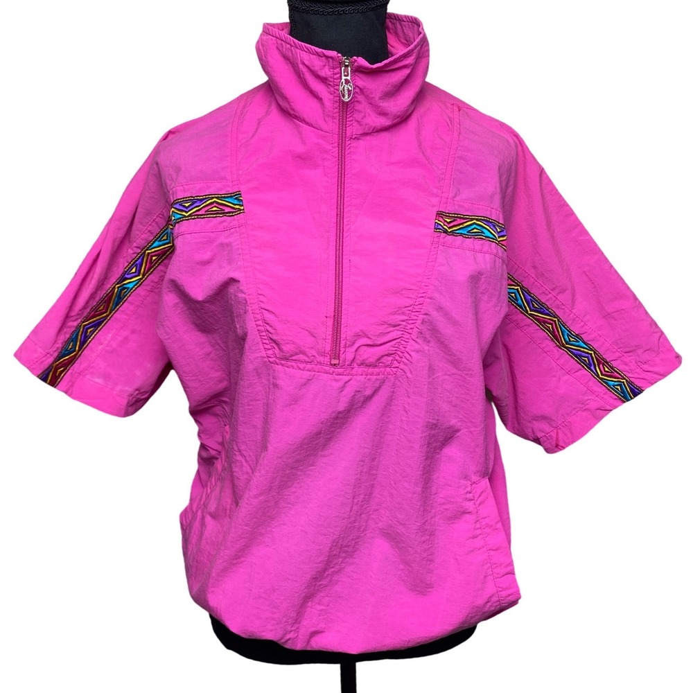 Vintage Lavon Hot Pink Nylon Windbreaker Short Sleeve 1/4 Zip Pullover Large